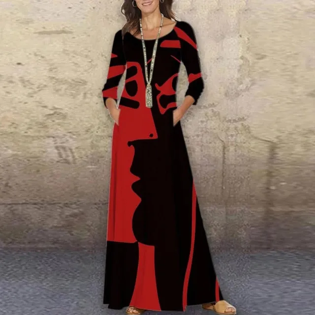 Elegant Floral Print Split Maxi Dresses Women Autumn Deep V Neck Flare Sleeve Party Dress Ladies Sexy Plus Size Slim Dress Belt