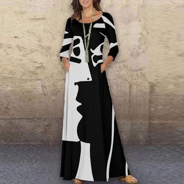 Elegant Floral Print Split Maxi Dresses Women Autumn Deep V Neck Flare Sleeve Party Dress Ladies Sexy Plus Size Slim Dress Belt