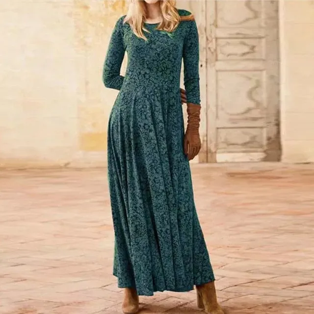 Elegant Floral Print Split Maxi Dresses Women Autumn Deep V Neck Flare Sleeve Party Dress Ladies Sexy Plus Size Slim Dress Belt