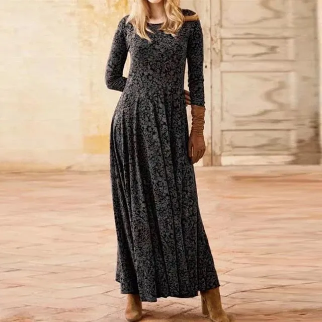 Elegant Floral Print Split Maxi Dresses Women Autumn Deep V Neck Flare Sleeve Party Dress Ladies Sexy Plus Size Slim Dress Belt