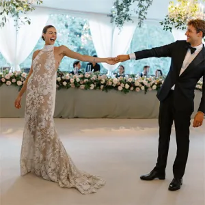 Elegant Halter Neck Beaded Lace Backless Mermaid Wedding Dress Sweep