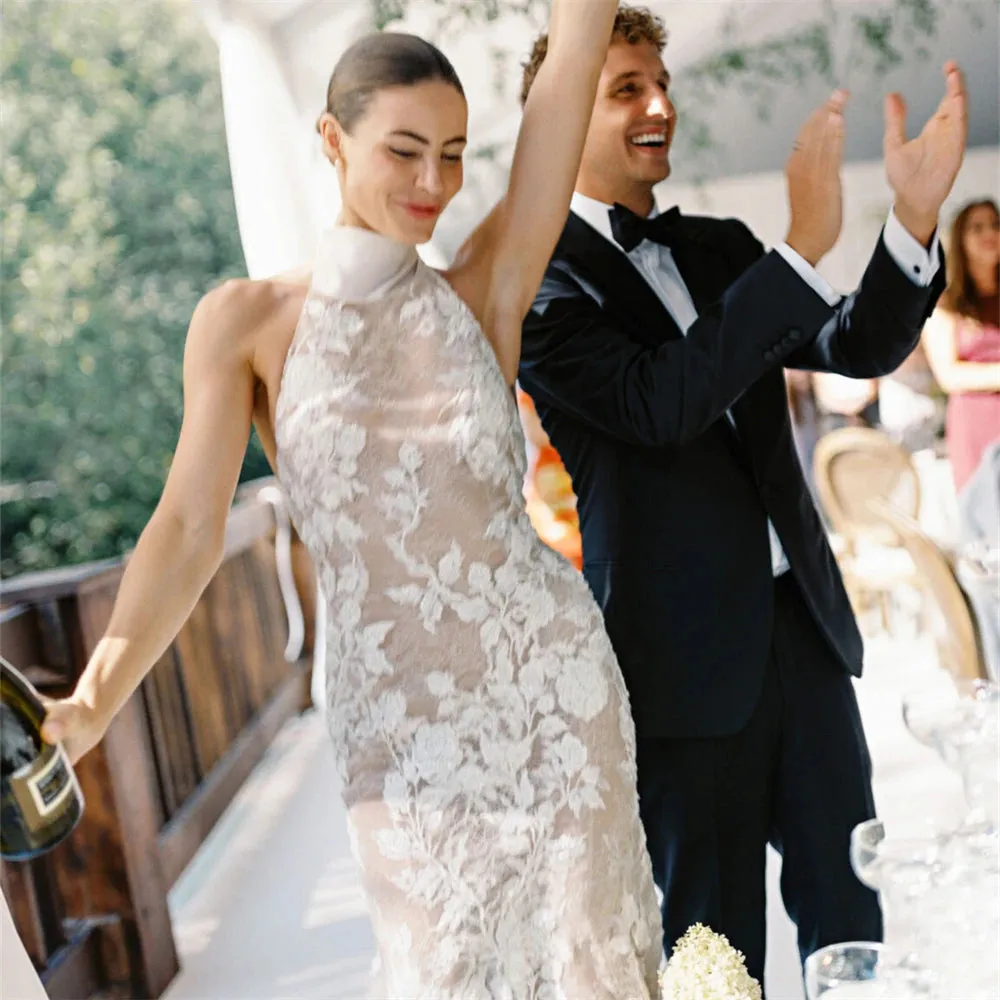 Elegant Halter Neck Beaded Lace Backless Mermaid Wedding Dress Sweep