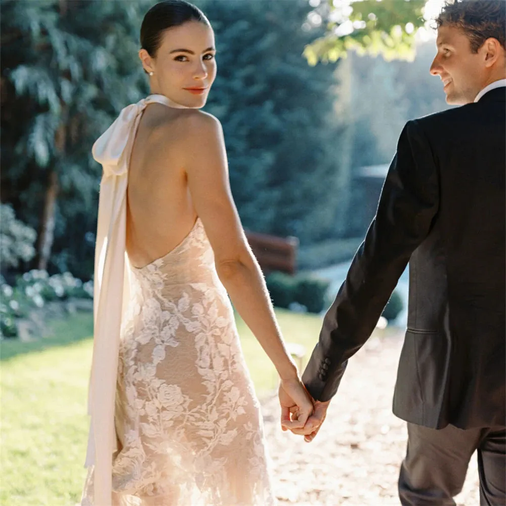 Elegant Halter Neck Beaded Lace Backless Mermaid Wedding Dress Sweep