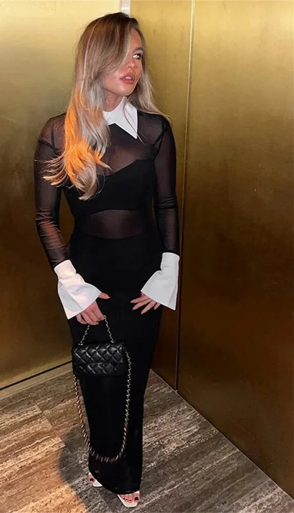 Elegant Mesh Long Sleeve Bodycon Maxi Dress