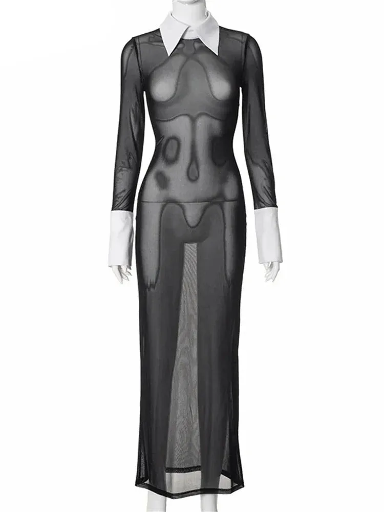 Elegant Mesh Long Sleeve Bodycon Maxi Dress