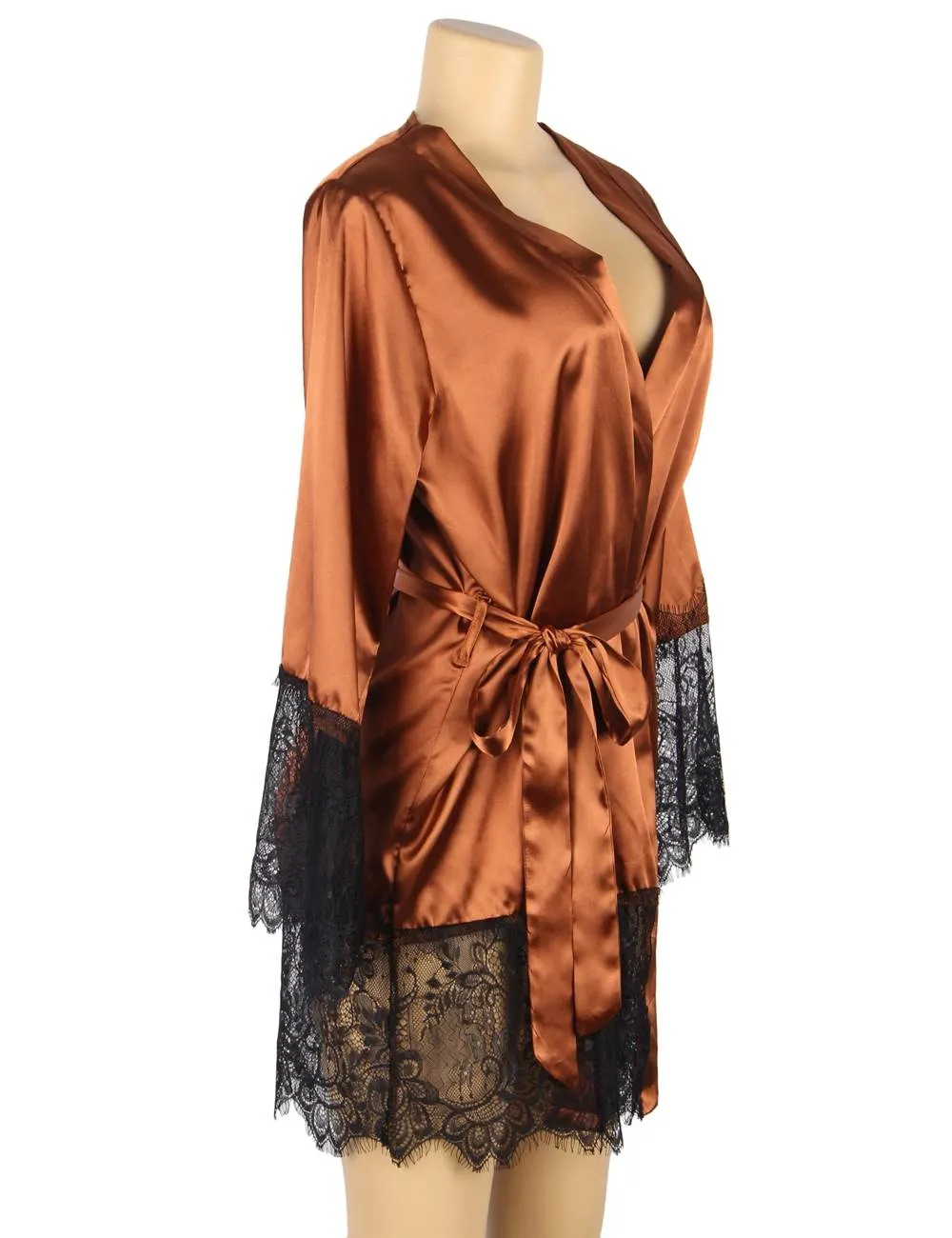 Elegant Nightdress Silk Eyelash Lace Long Sleeves Sleepwear Egypt With G String