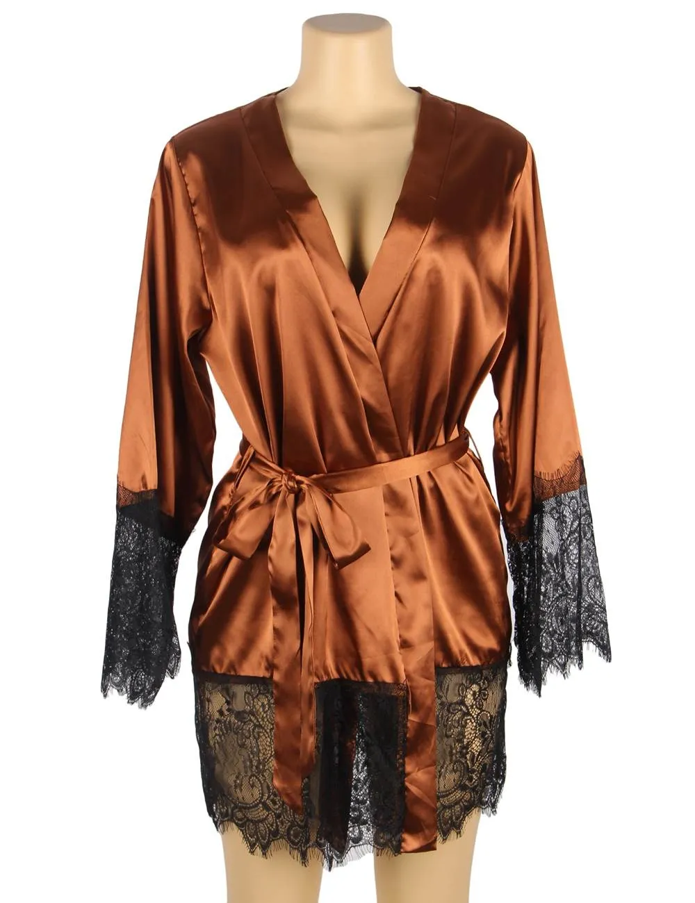 Elegant Nightdress Silk Eyelash Lace Long Sleeves Sleepwear Egypt With G String