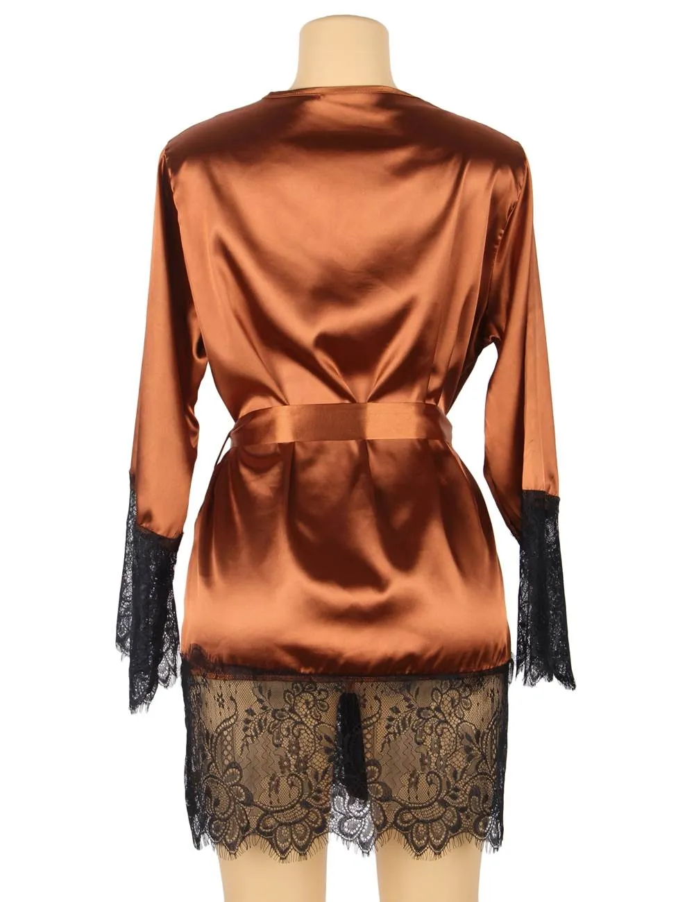 Elegant Nightdress Silk Eyelash Lace Long Sleeves Sleepwear Egypt With G String