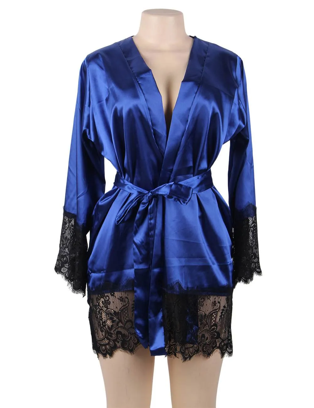 Elegant Nightdress Silk Eyelash Lace Long Sleeves Sleepwear Egypt With G String