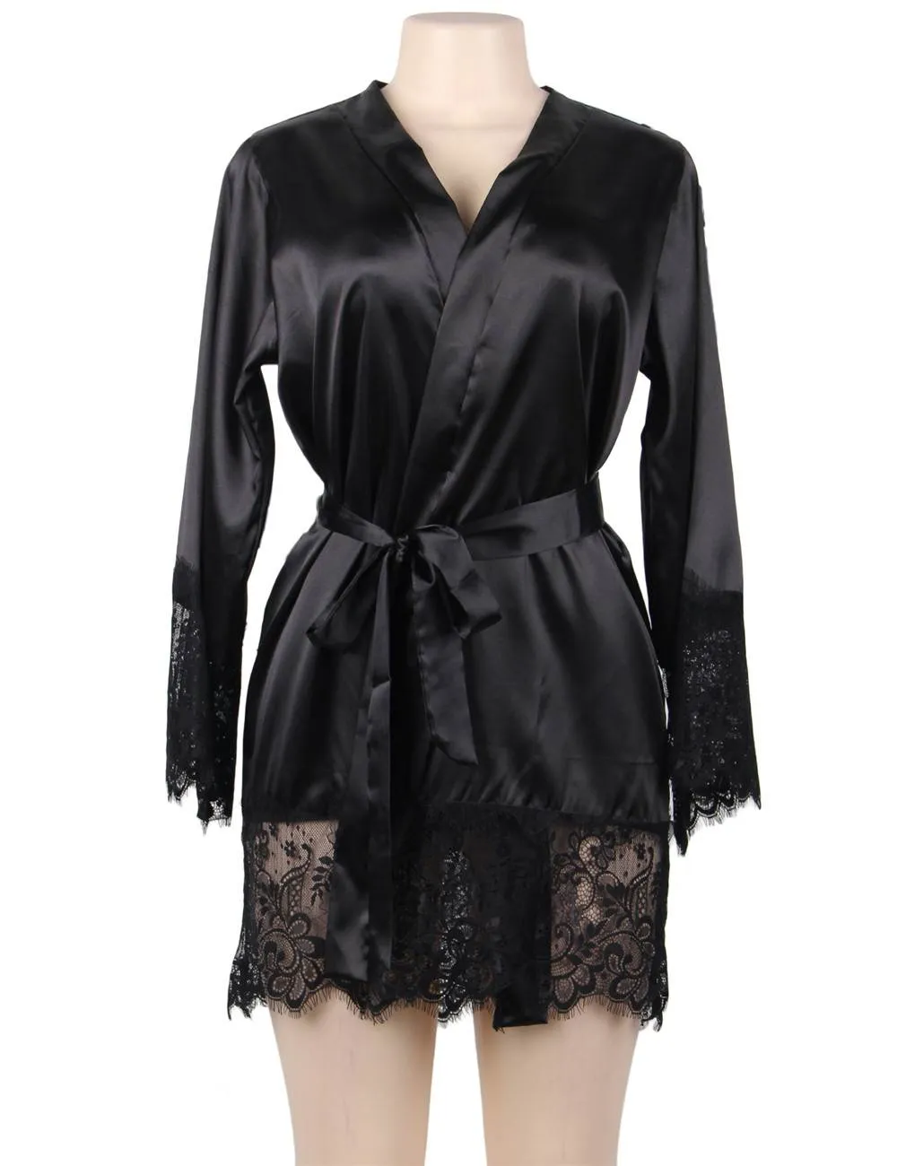 Elegant Nightdress Silk Eyelash Lace Long Sleeves Sleepwear Egypt With G String
