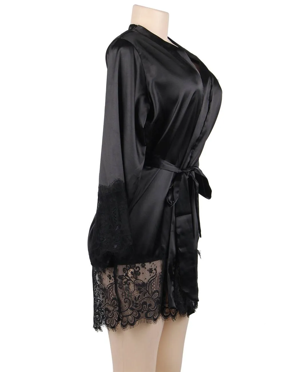 Elegant Nightdress Silk Eyelash Lace Long Sleeves Sleepwear Egypt With G String