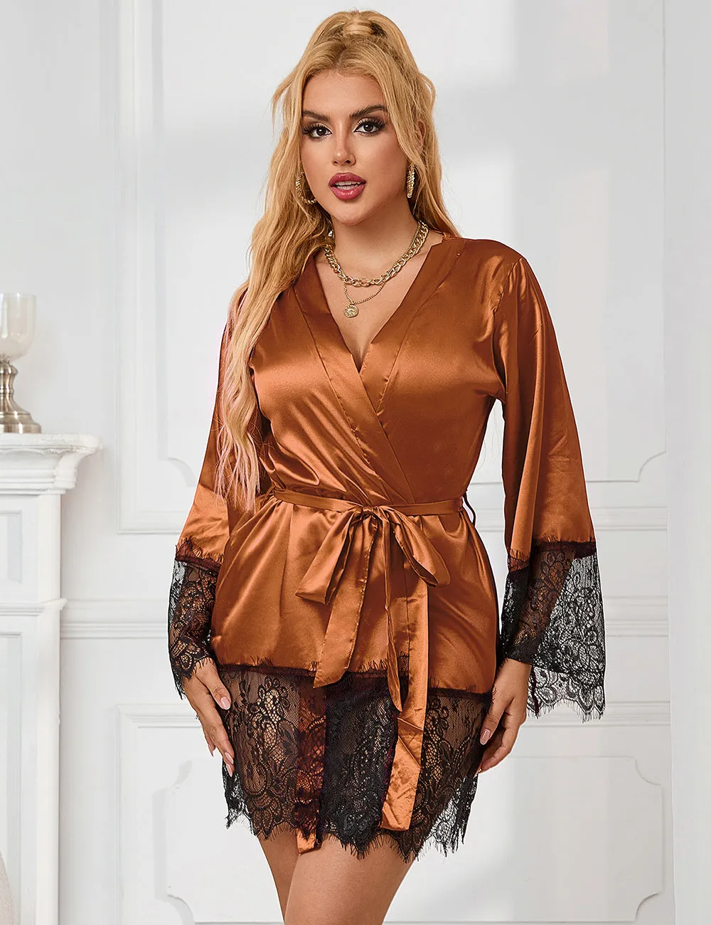 Elegant Nightdress Silk Eyelash Lace Long Sleeves Sleepwear Egypt With G String