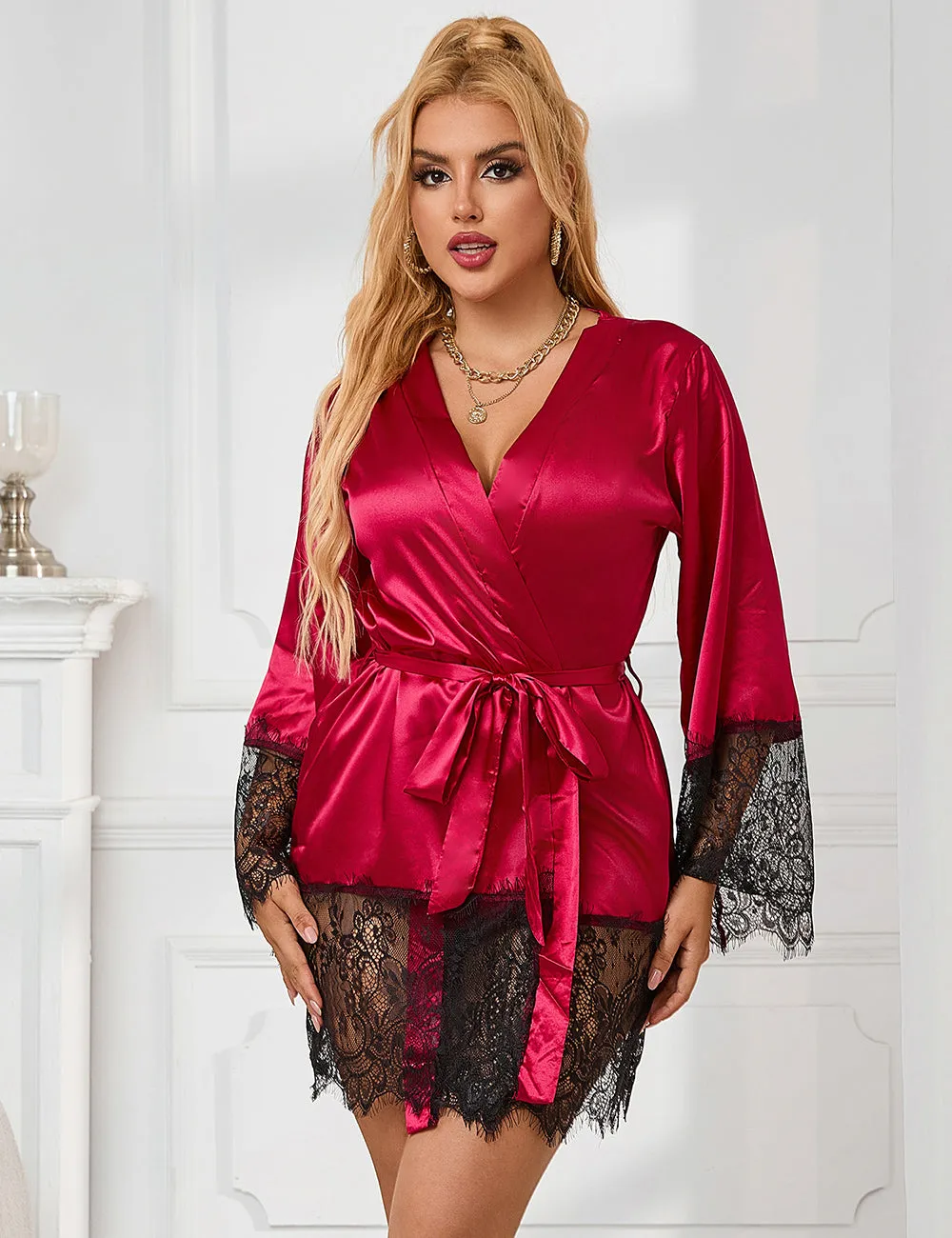 Elegant Nightdress Silk Eyelash Lace Long Sleeves Sleepwear Egypt With G String