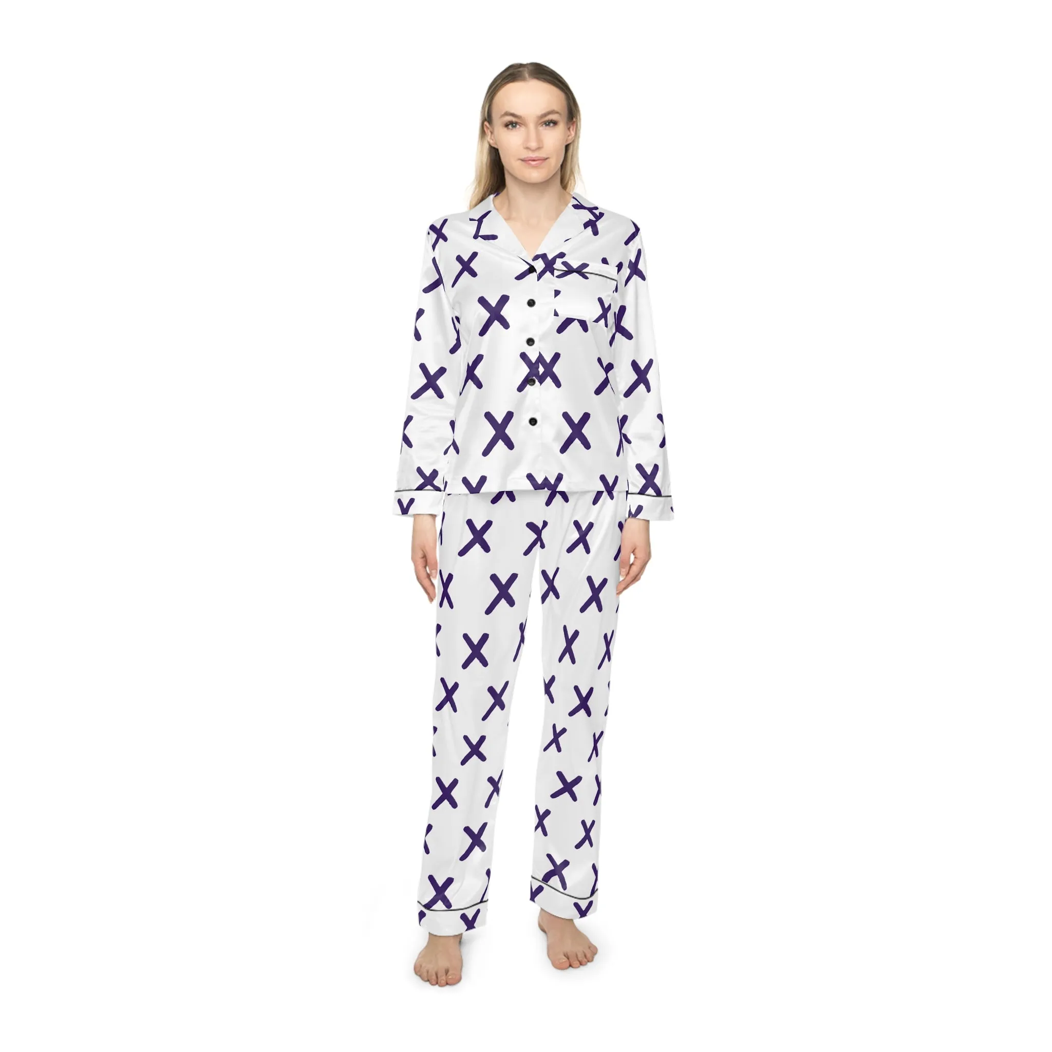 Elegant Women's Satin Pajamas - Chic White with Purple X Pattern for Comfortable Nights