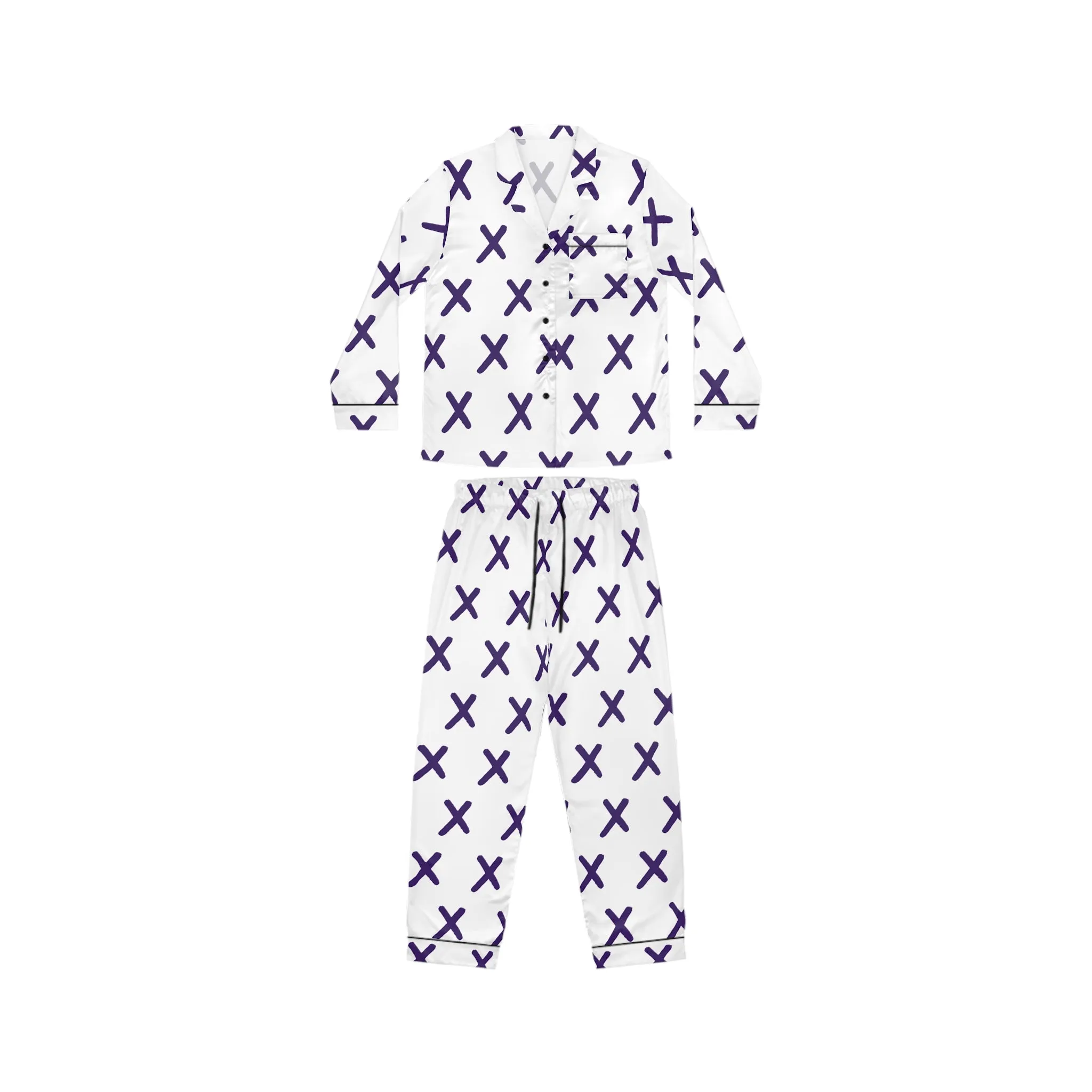 Elegant Women's Satin Pajamas - Chic White with Purple X Pattern for Comfortable Nights