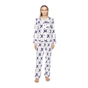 Elegant Women's Satin Pajamas - Chic White with Purple X Pattern for Comfortable Nights