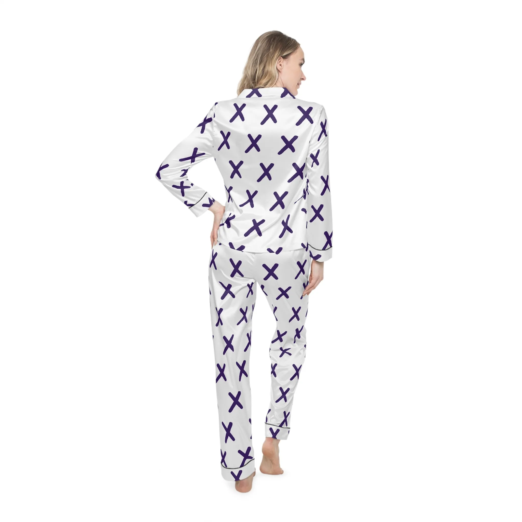 Elegant Women's Satin Pajamas - Chic White with Purple X Pattern for Comfortable Nights
