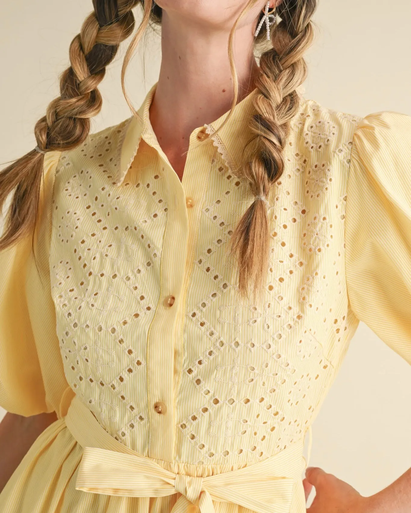 Embroidered Mix Striped Midi Dress in Lemon Yellow