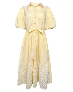 Embroidered Mix Striped Midi Dress in Lemon Yellow