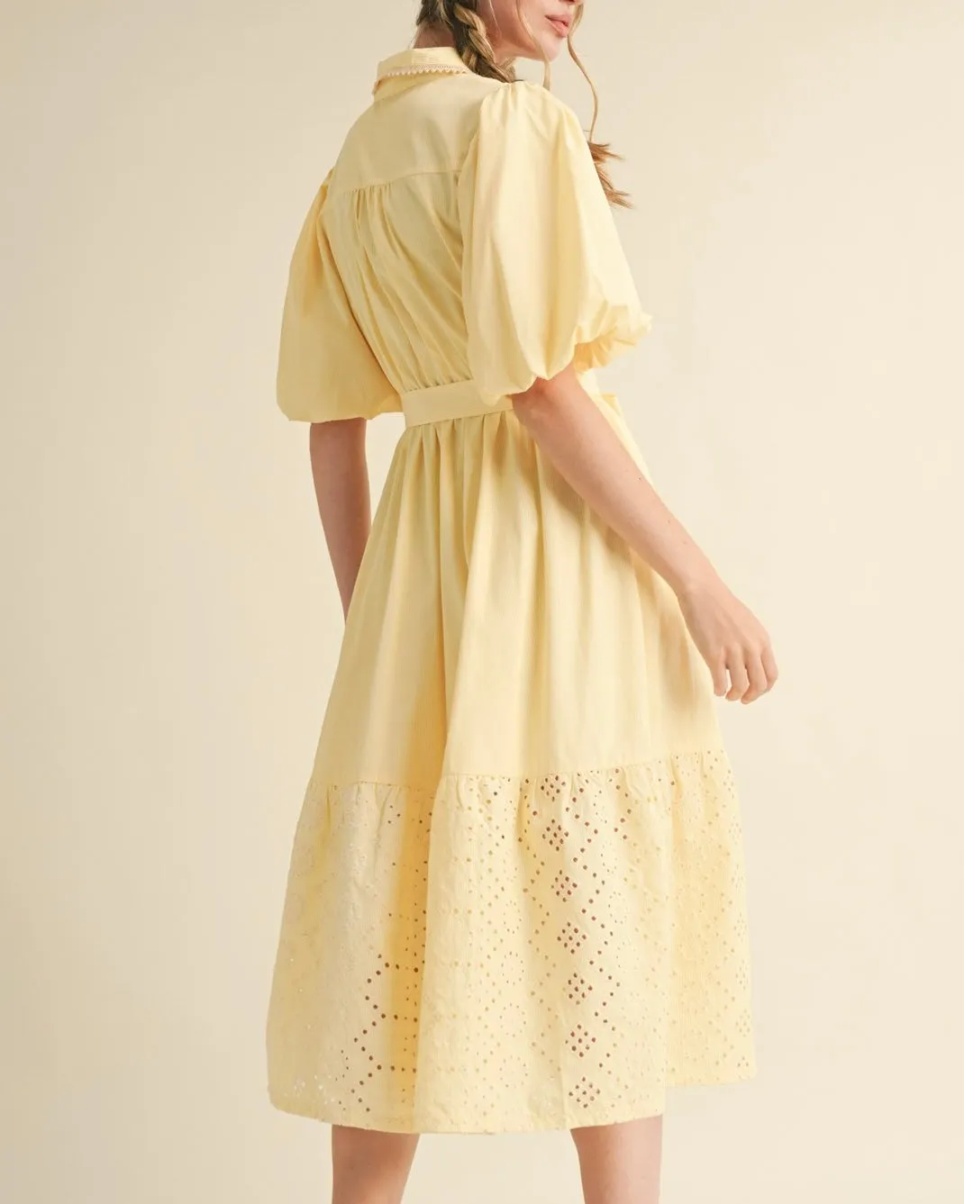Embroidered Mix Striped Midi Dress in Lemon Yellow