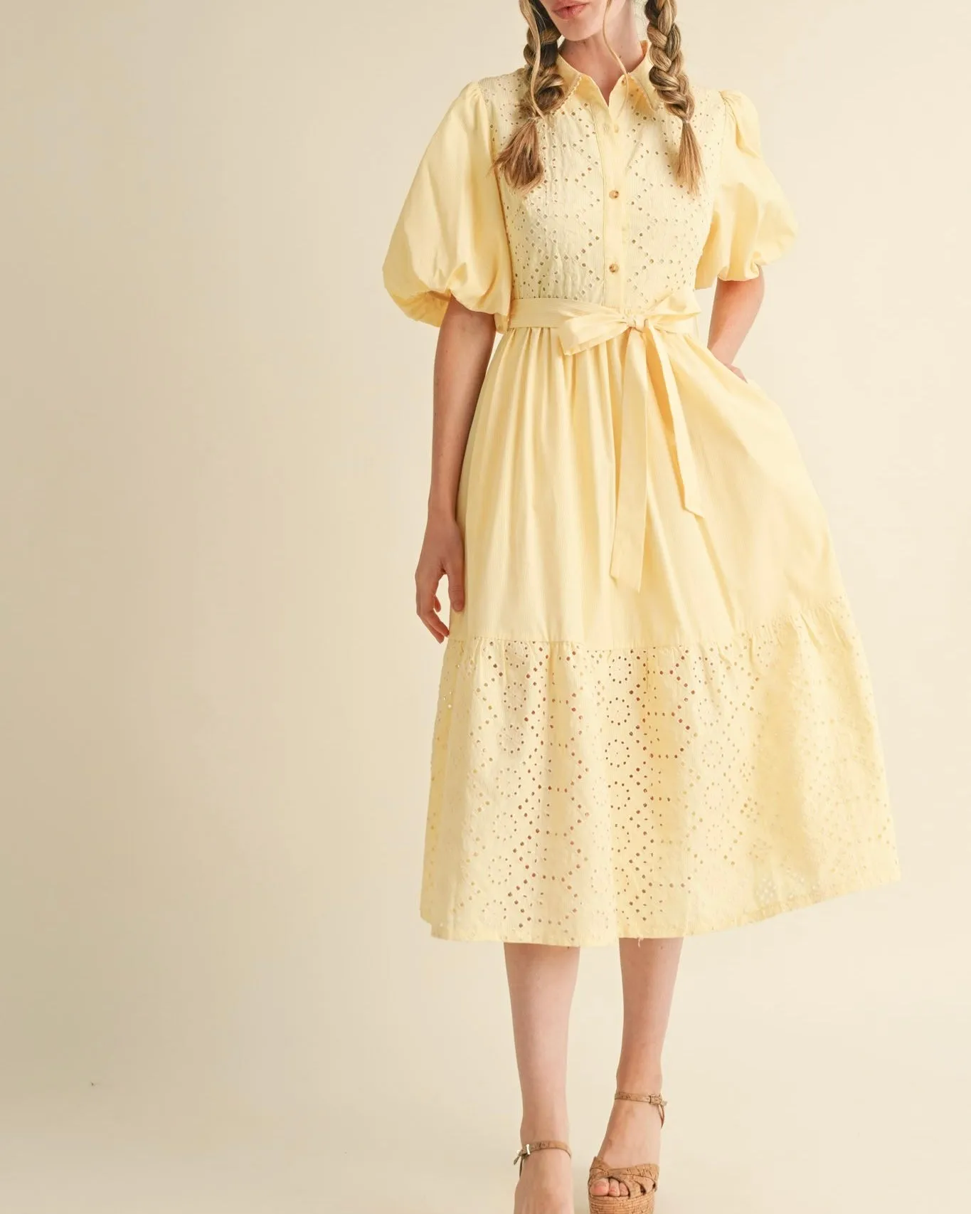Embroidered Mix Striped Midi Dress in Lemon Yellow