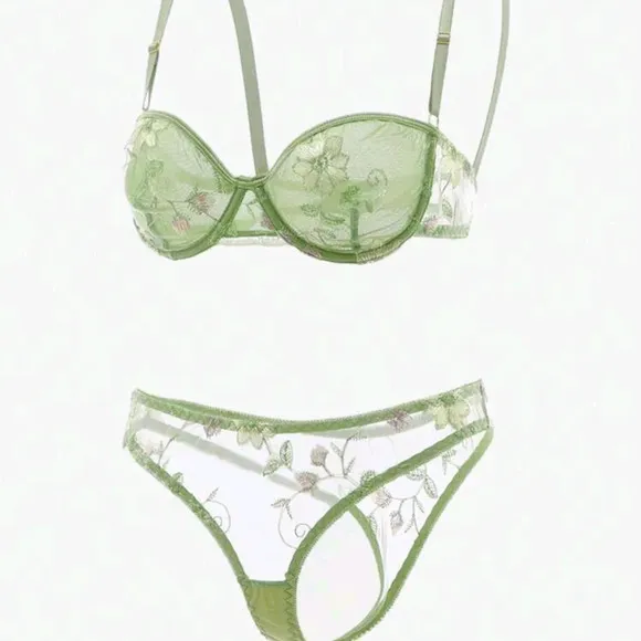 Embroidery Mesh Underwire Bra &amp; Panty Lingerie Set