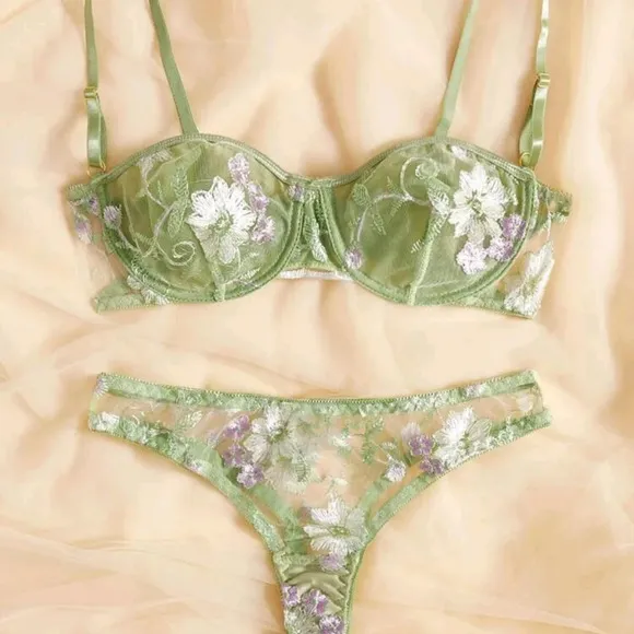 Embroidery Mesh Underwire Bra &amp; Panty Lingerie Set