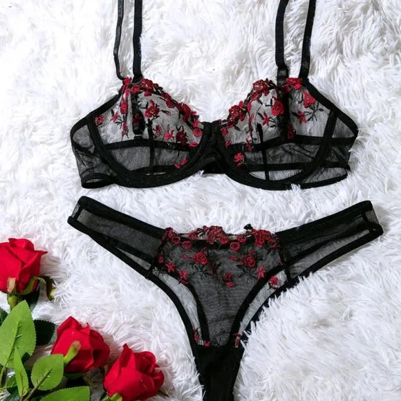 Embroidery Mesh Underwire Bra &amp; Panty Lingerie Set