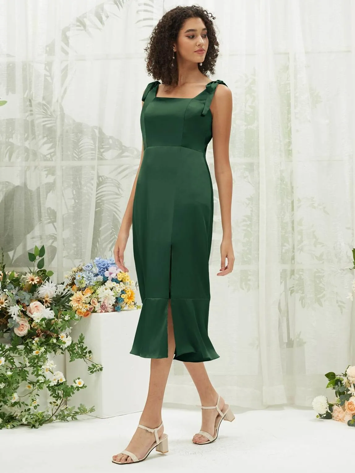 Emerald Green Silk Satin Square Neck Slit Tea Length Convertible Bridesmaid Dresses