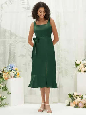 Emerald Green Silk Satin Square Neck Slit Tea Length Convertible Bridesmaid Dresses