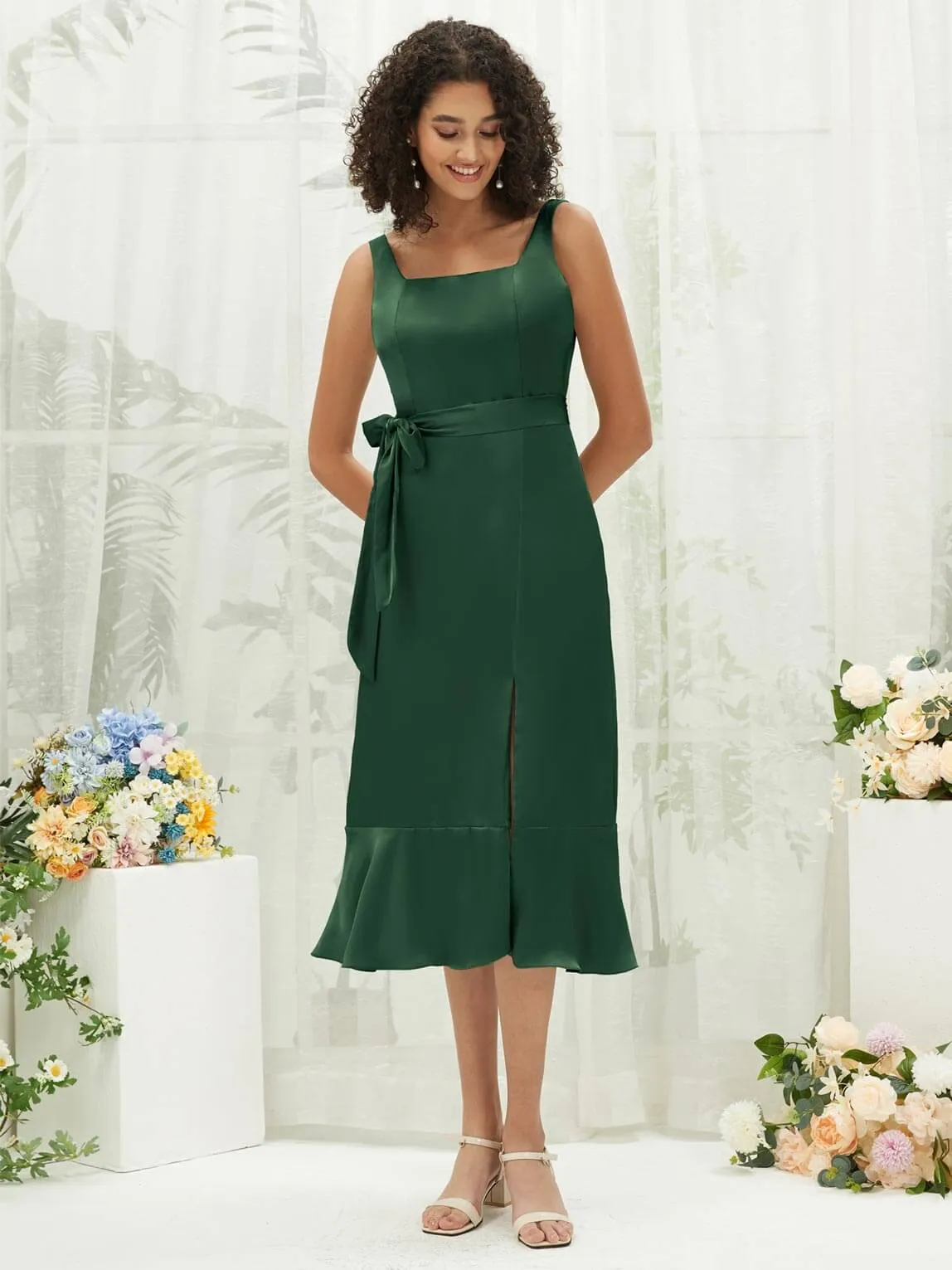 Emerald Green Silk Satin Square Neck Slit Tea Length Convertible Bridesmaid Dresses