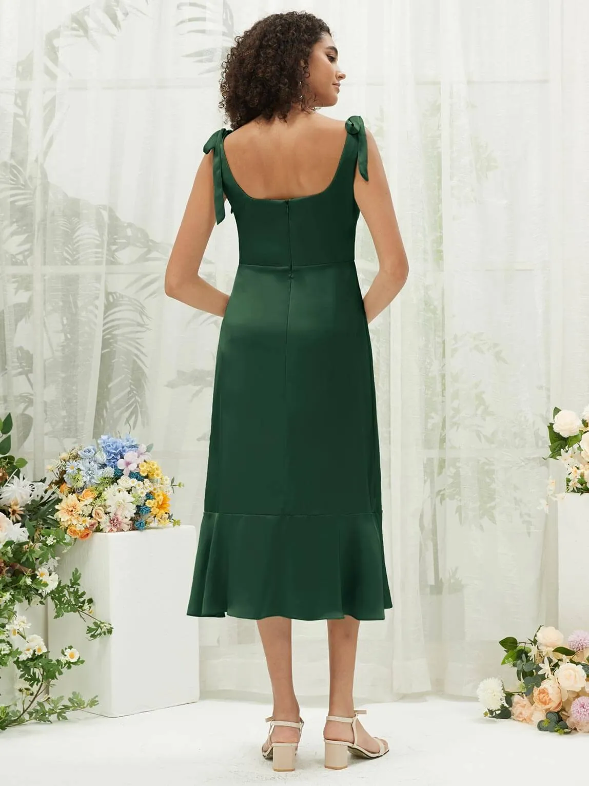 Emerald Green Silk Satin Square Neck Slit Tea Length Convertible Bridesmaid Dresses
