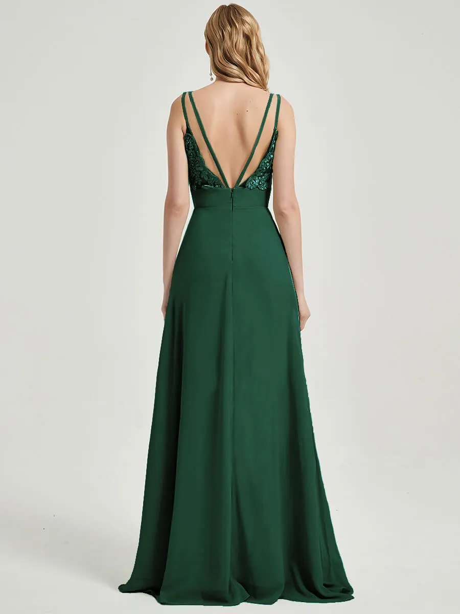 Emerald Green Spaghetti Straps Slit Maxi Lace Chiffon Bridesmaid Dress