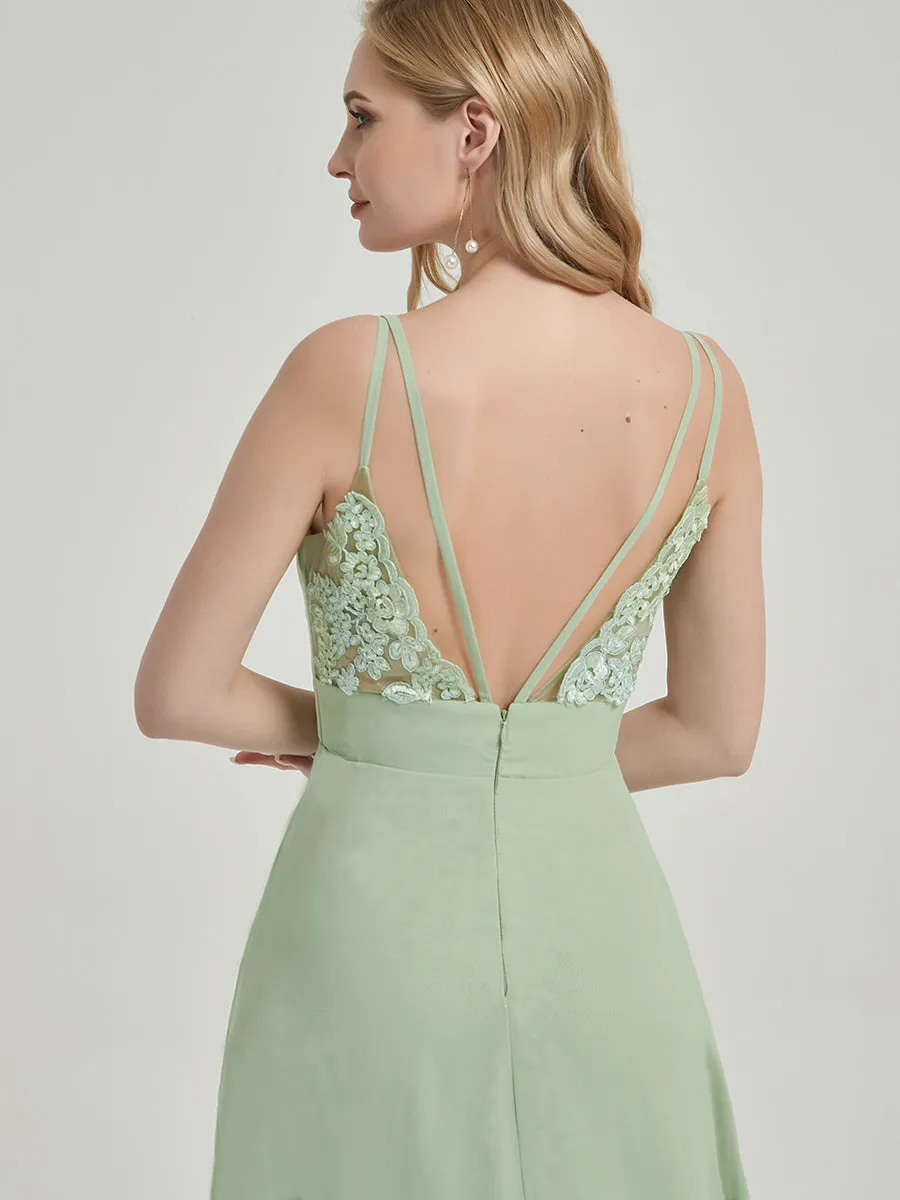Emerald Green Spaghetti Straps Slit Maxi Lace Chiffon Bridesmaid Dress