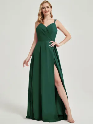 Emerald Green Spaghetti Straps Slit Maxi Lace Chiffon Bridesmaid Dress