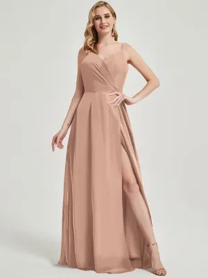 English Rose Spaghetti Straps Slit Maxi Lace Chiffon Bridesmaid Dress