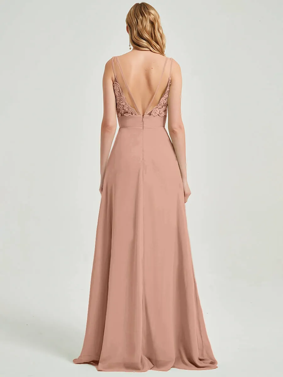 English Rose Spaghetti Straps Slit Maxi Lace Chiffon Bridesmaid Dress