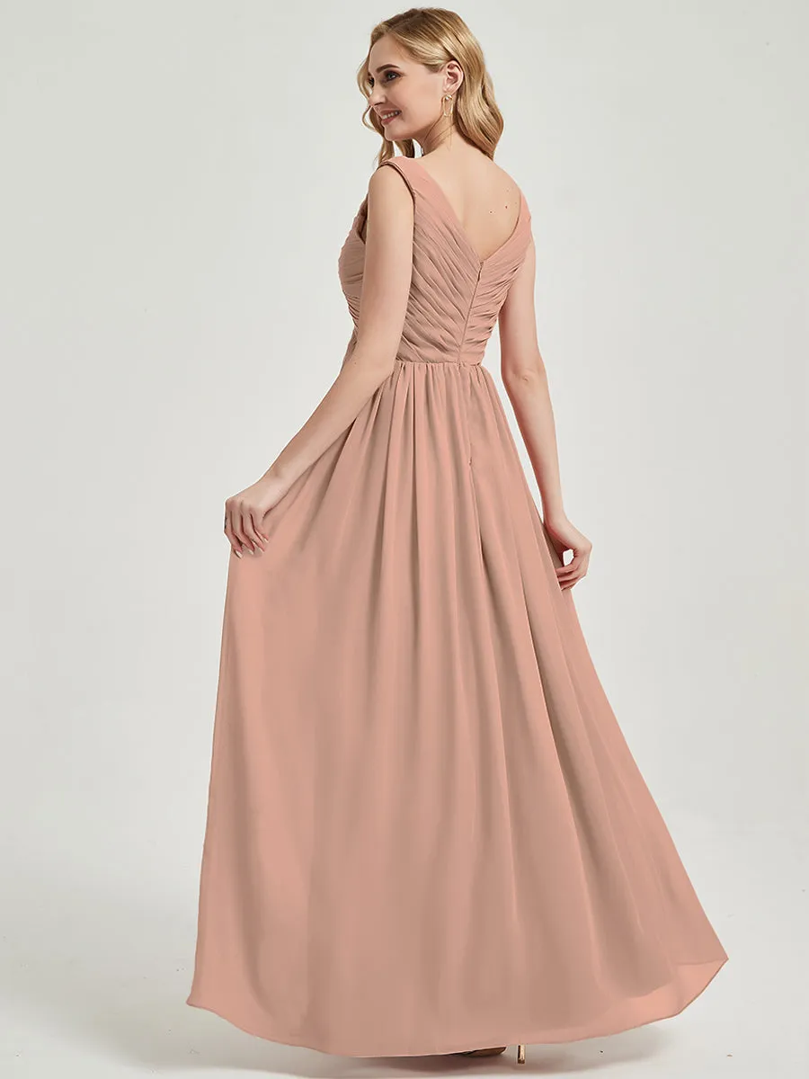 English Rose V-Neck Sleeveless Maxi Chiffon Empire Bridesmaid Dress