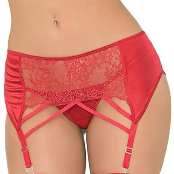 Escante Women's Eyelash Lace Bra &amp; G-Belt Set in Cherry Red NWOT Size Sm…