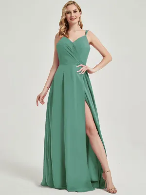 Eucalyptus Spaghetti Straps V-Neck Slit Lace Chiffon Bridesmaid Dress