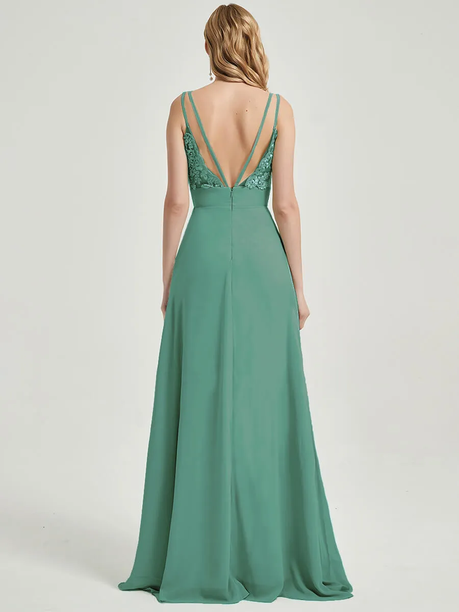Eucalyptus Spaghetti Straps V-Neck Slit Lace Chiffon Bridesmaid Dress