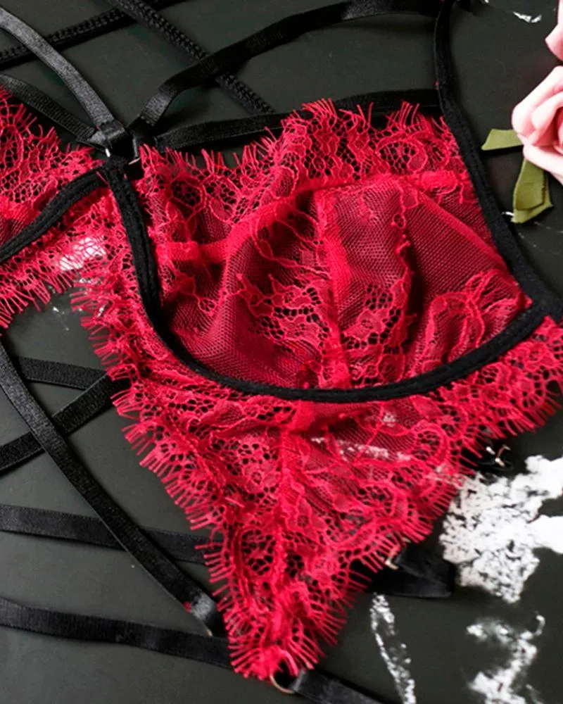 Eyelash Lace Bandage Garter Lingerie Set