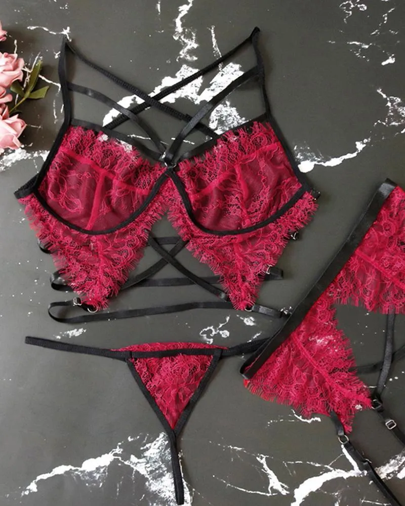 Eyelash Lace Bandage Garter Lingerie Set