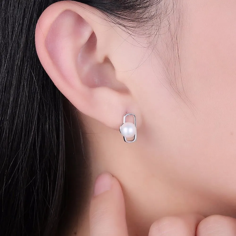 Fashionable 925 Sterling Silver Geometric Design Simulated Pearl Stud Earrings for Women, Trendy Party Jewelry Accessory