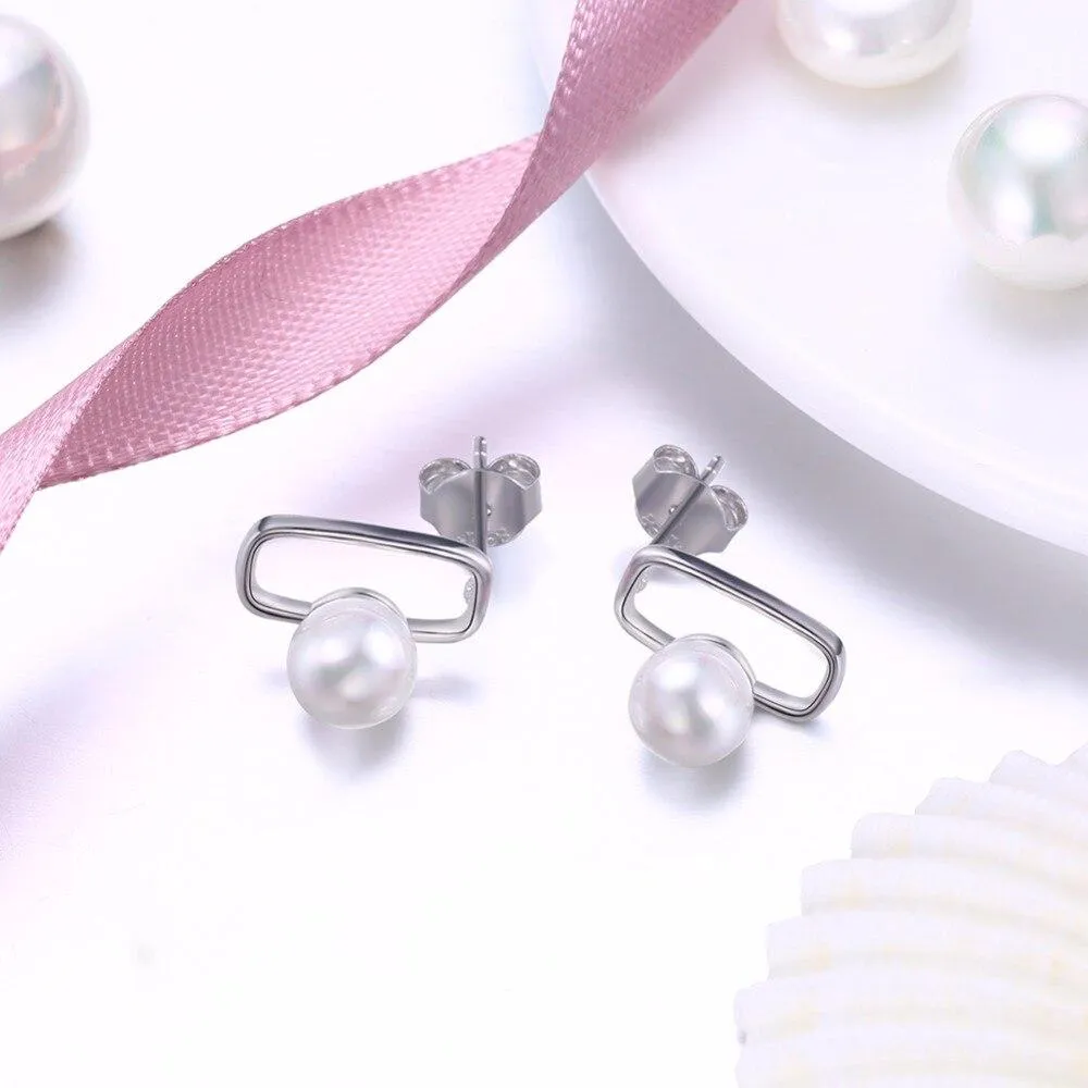 Fashionable 925 Sterling Silver Geometric Design Simulated Pearl Stud Earrings for Women, Trendy Party Jewelry Accessory