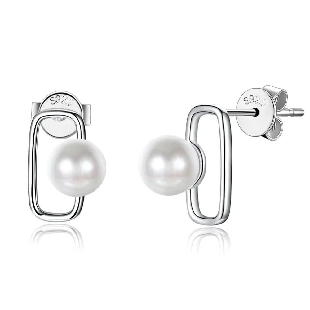 Fashionable 925 Sterling Silver Geometric Design Simulated Pearl Stud Earrings for Women, Trendy Party Jewelry Accessory