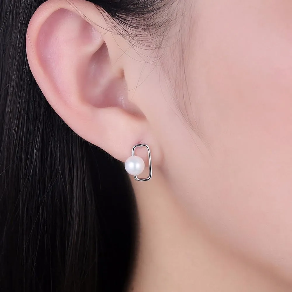 Fashionable 925 Sterling Silver Geometric Design Simulated Pearl Stud Earrings for Women, Trendy Party Jewelry Accessory