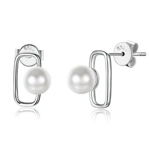 Fashionable 925 Sterling Silver Geometric Design Simulated Pearl Stud Earrings for Women, Trendy Party Jewelry Accessory