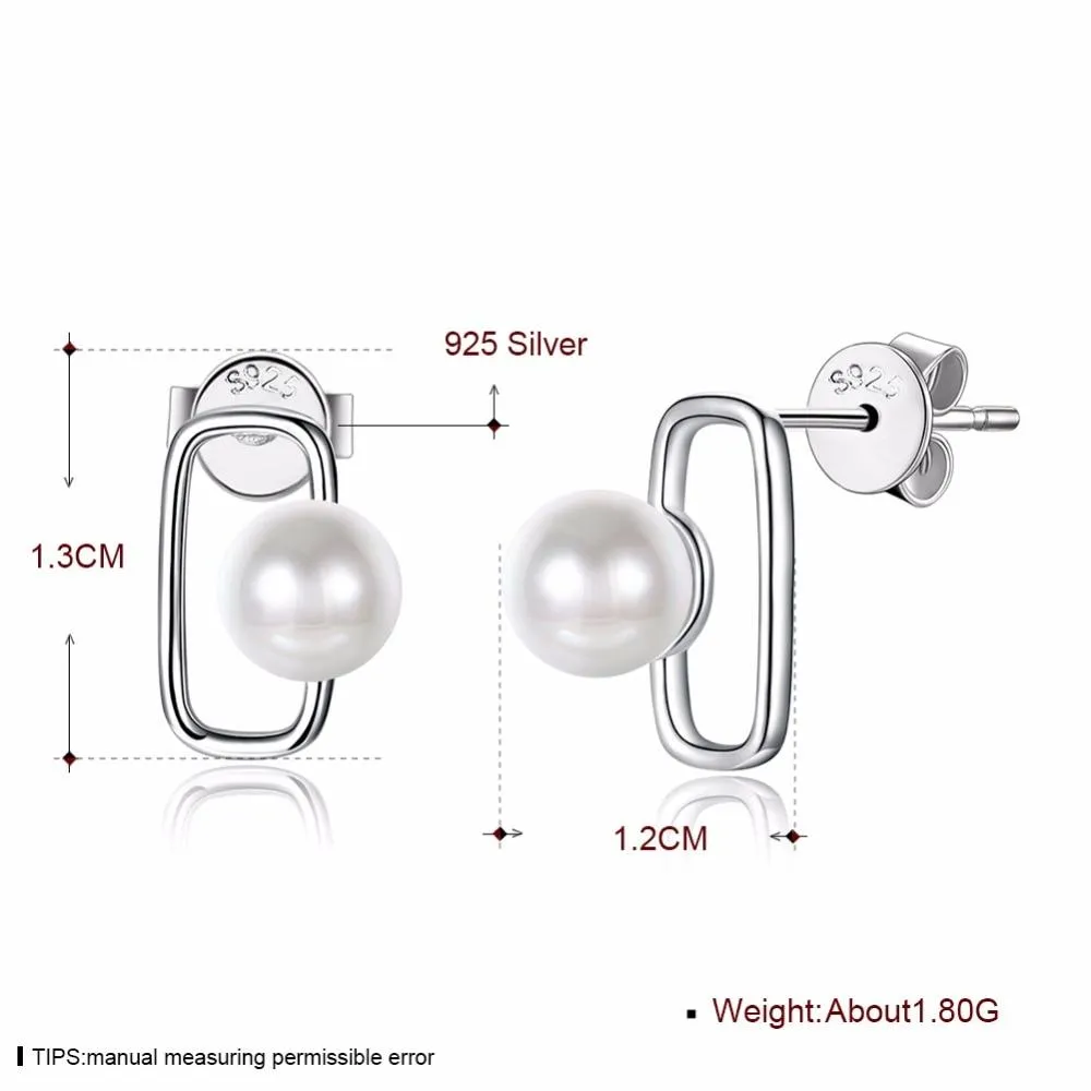Fashionable 925 Sterling Silver Geometric Design Simulated Pearl Stud Earrings for Women, Trendy Party Jewelry Accessory