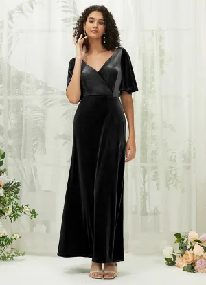 [Final Sale] Black Short Sleeve V-Neck Velvet Maxi Bridesmaid Dresses